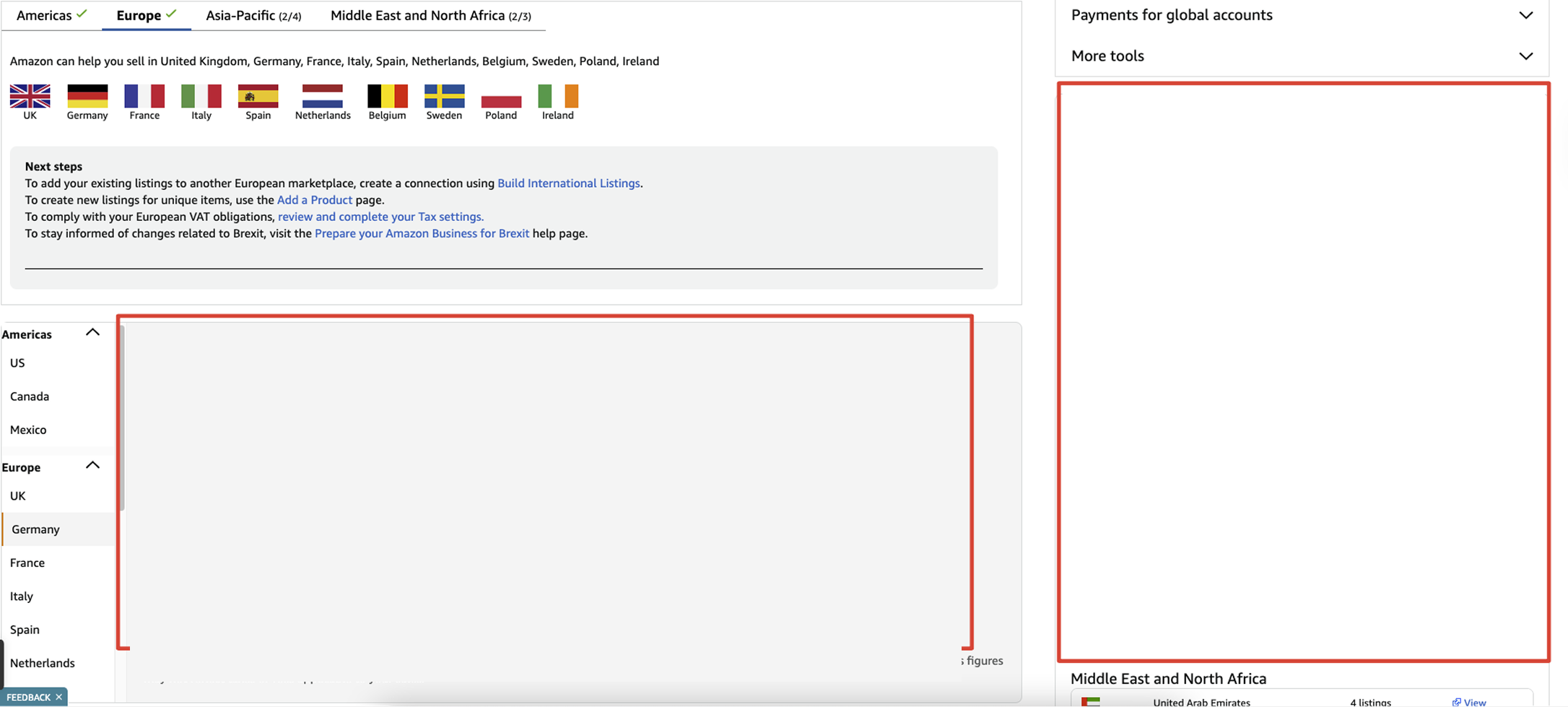 Amazon Europe seller support page showing flags and listing options for UK, Germany, France, Italy, Spain, Netherlands, Belgium, Sweden, Poland, and Ireland with next steps for European marketplace listings.