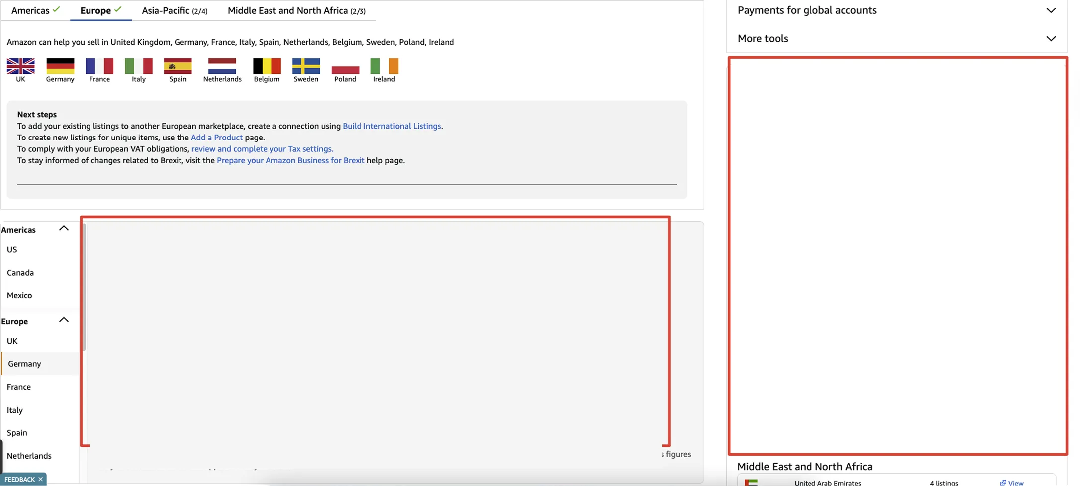 Amazon Europe seller support page showing flags and listing options for UK, Germany, France, Italy, Spain, Netherlands, Belgium, Sweden, Poland, and Ireland with next steps for European marketplace listings.