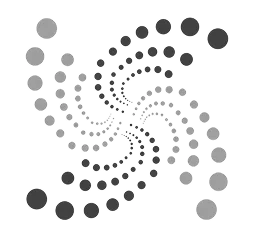 Spiral pattern made of gray dots increasing in size from center outward on a black background.