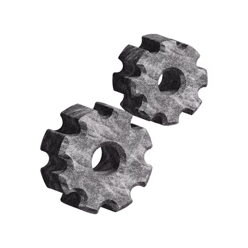 Two gray interlocking gears with a stone texture on a black background.