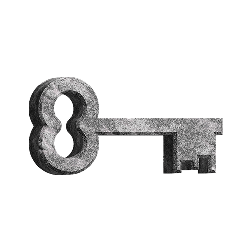 Old-fashioned metallic skeleton key with a round bow and intricate notches.