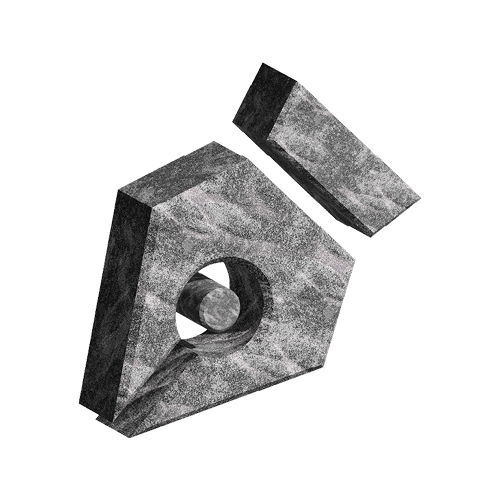 3D abstract gray textured geometric shape with a rectangular prism floating above a larger pentagonal prism having a cylindrical hole.
