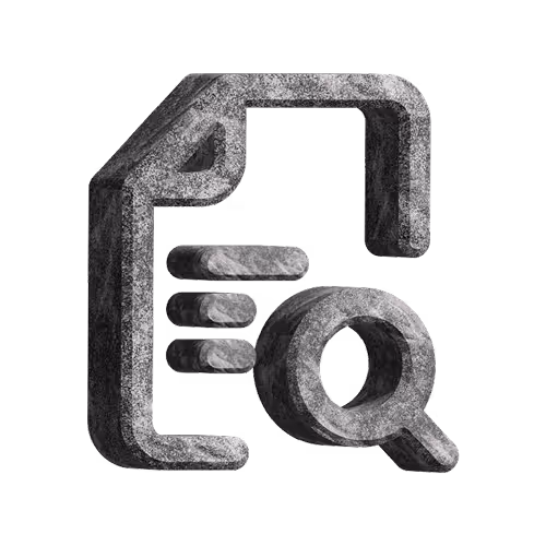 3D stone-textured icon of a document with a magnifying glass overlay.