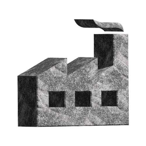 Gray stylized factory building icon with three windows and a chimney emitting smoke.