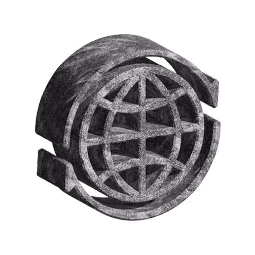 Gray stone globe with latitude and longitude lines encircled by two curved arrows.