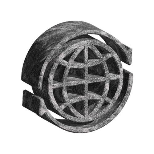 Gray stone globe with latitude and longitude lines encircled by two curved arrows.