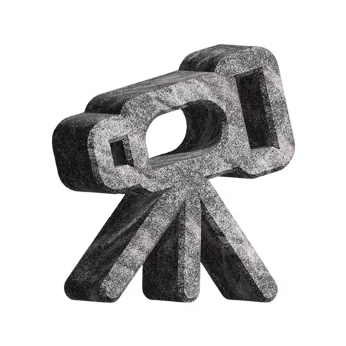 Stone-textured 3D icon of a video camera on a tripod.