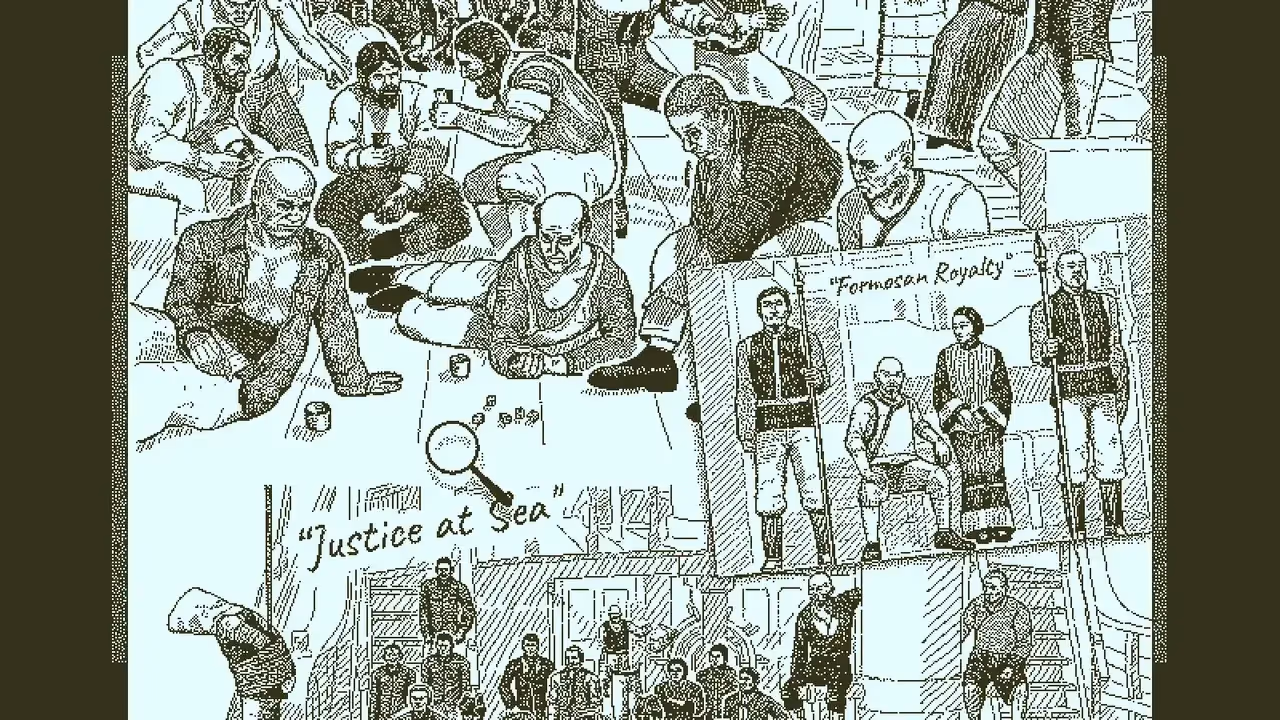 A series of grainy black and white photos with a magnifying glass hovering over them 