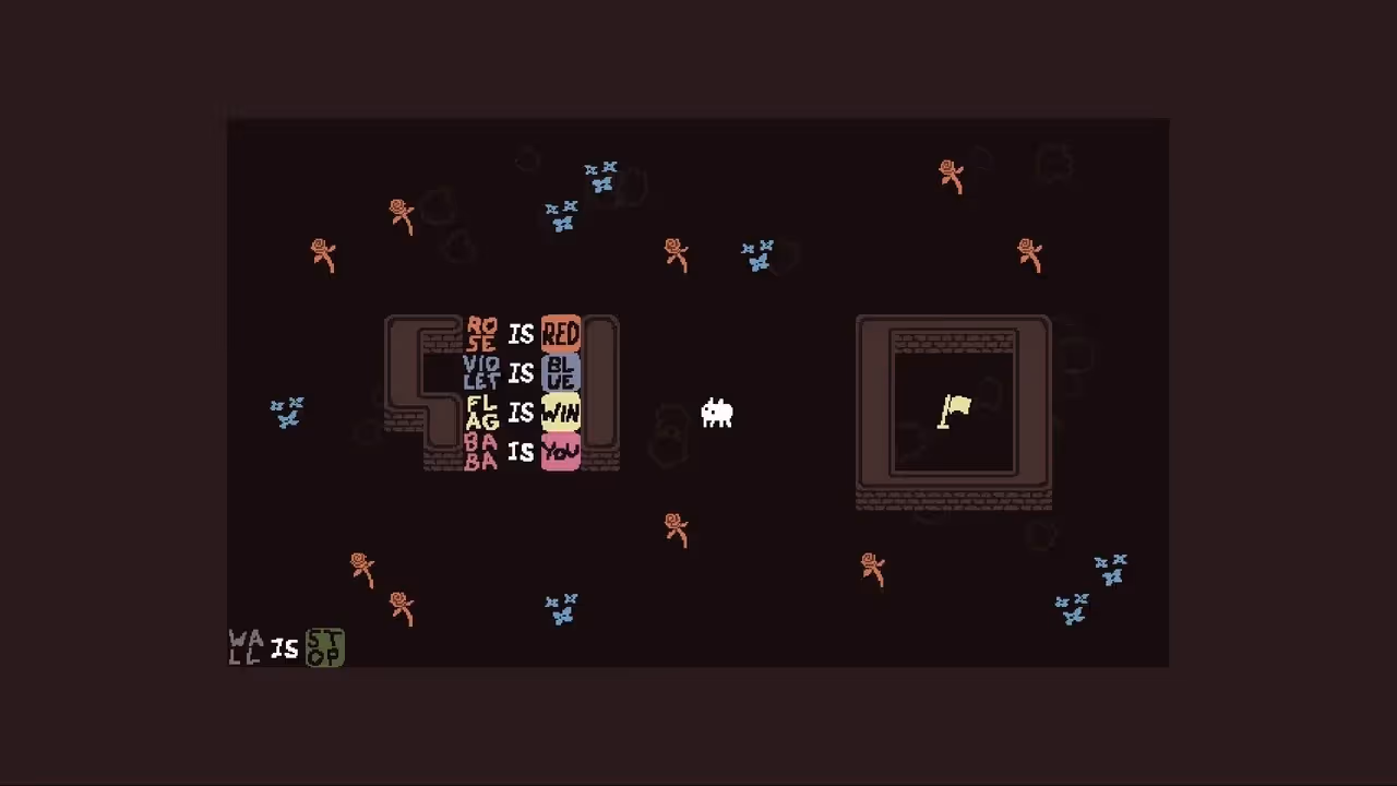 A screen with roses, walls, a flag and text instructions