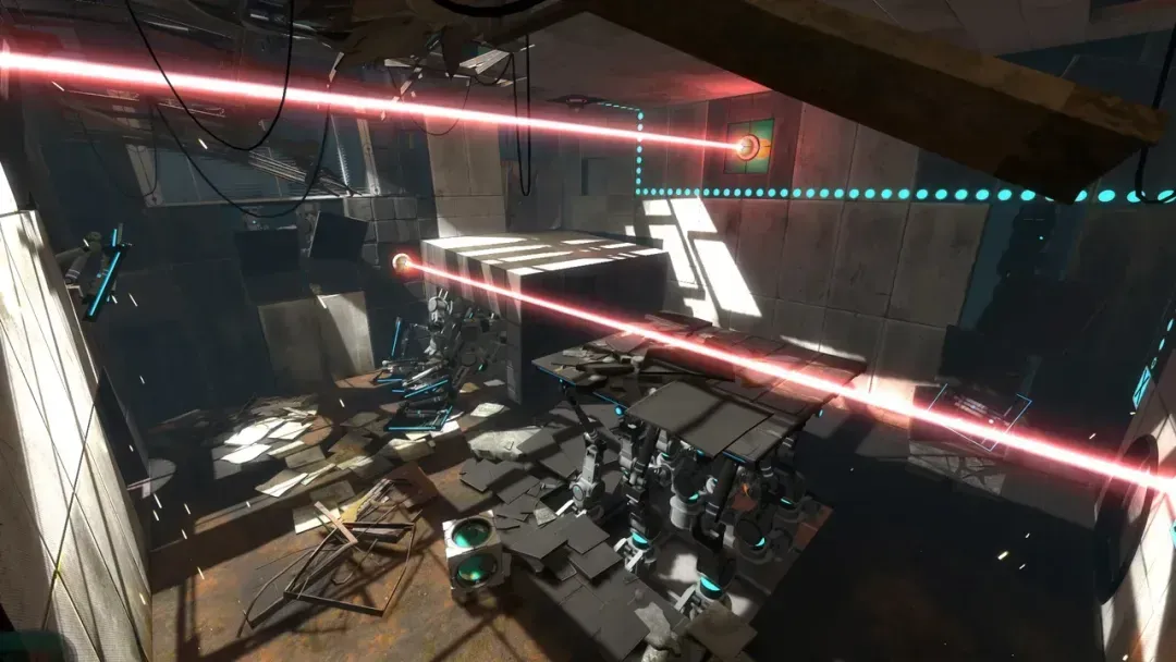 A room with two lasers emanating from adjacent walls and machinery underneath