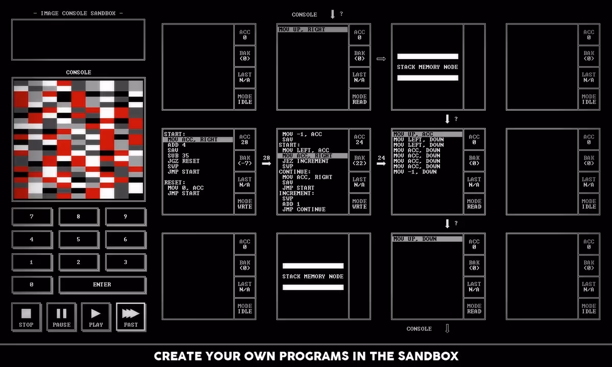 A black and white console sandbox with multiple windows