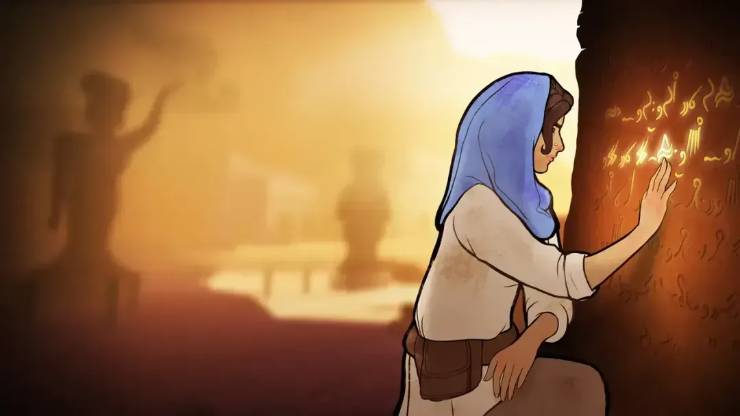 A woman in a blue cowl deciphering text on a rock