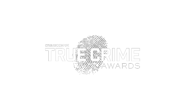 CrimeCon UK True Crime Awards logo with a background fingerprint design.