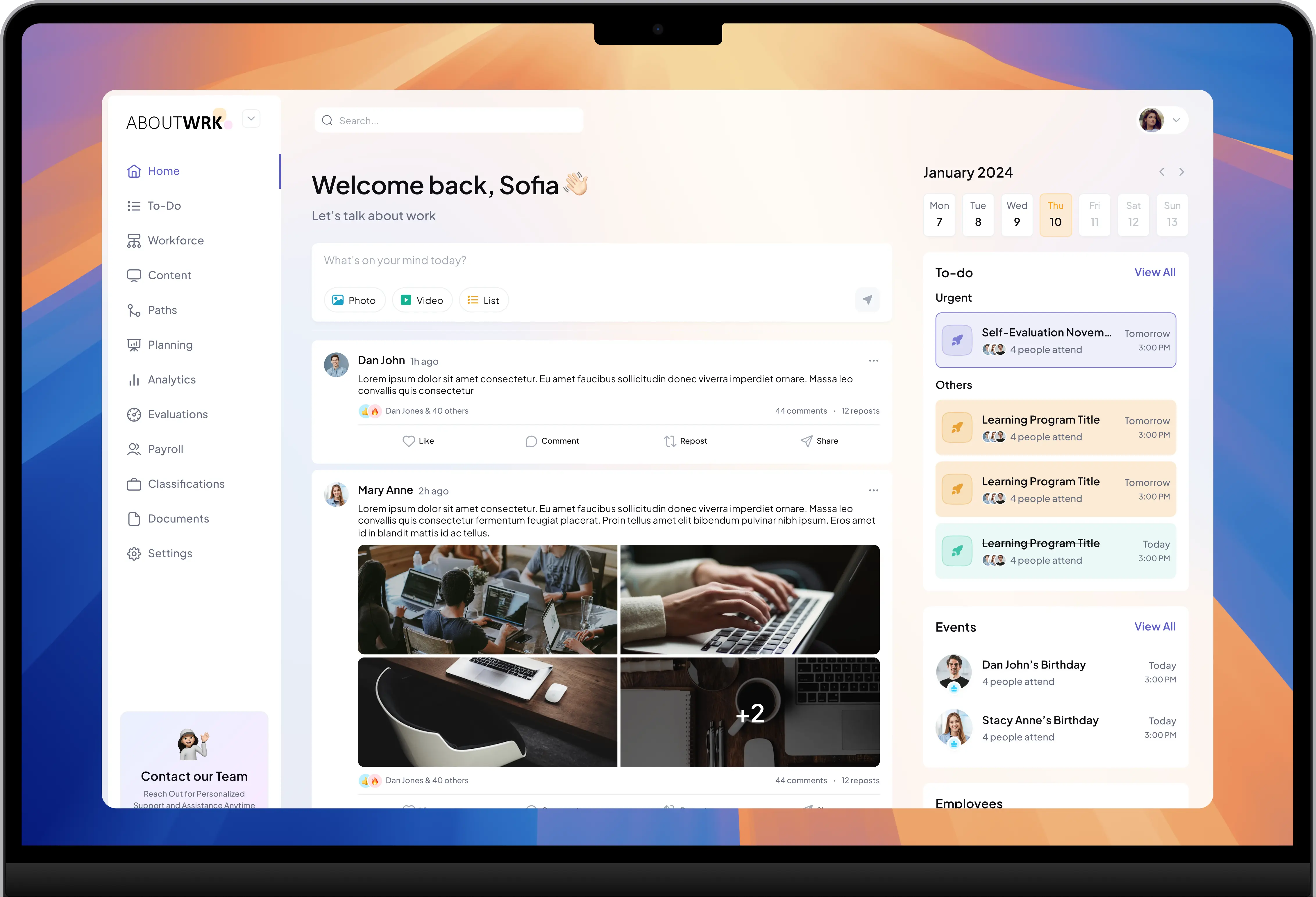 Dashboard interface on a MacBook Pro screen showing a welcome message for Sofia, posts with comments, calendar with to-do tasks and events for January 2024.