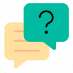 Two overlapping speech bubbles, one beige with lines and one green with a question mark.