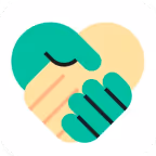 Two stylized hands forming a heart shape with overlapping colors teal and yellow.