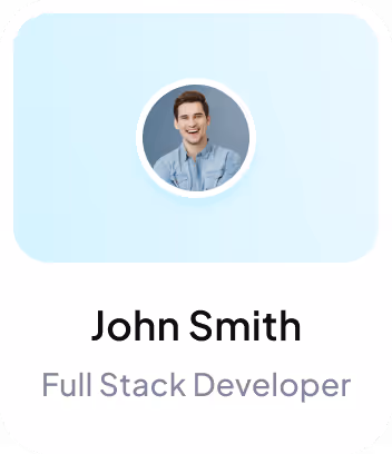 Headshot of a smiling young man in a denim shirt with crossed arms, labeled John Smith, Full Stack Developer.