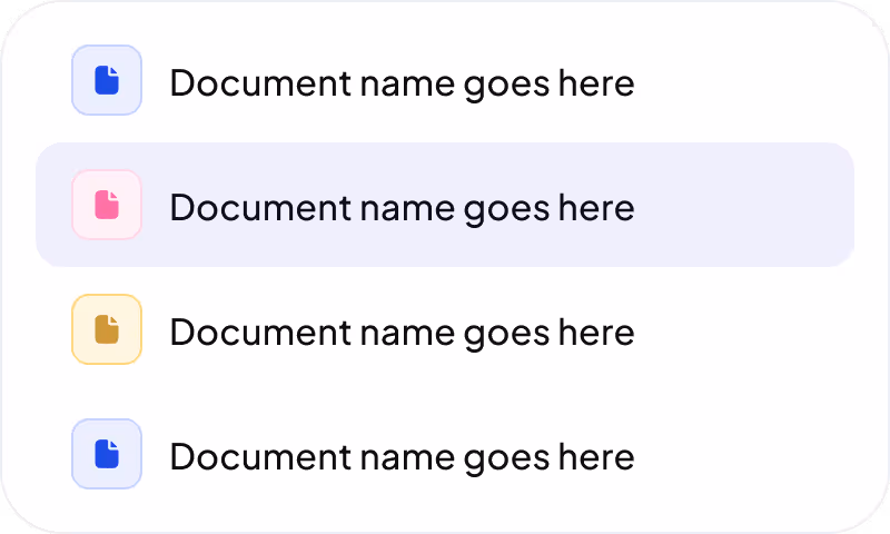 List of four document items with colored icons in blue, pink, yellow, and blue, each labeled 'Document name goes here,' with the second item highlighted in pink.