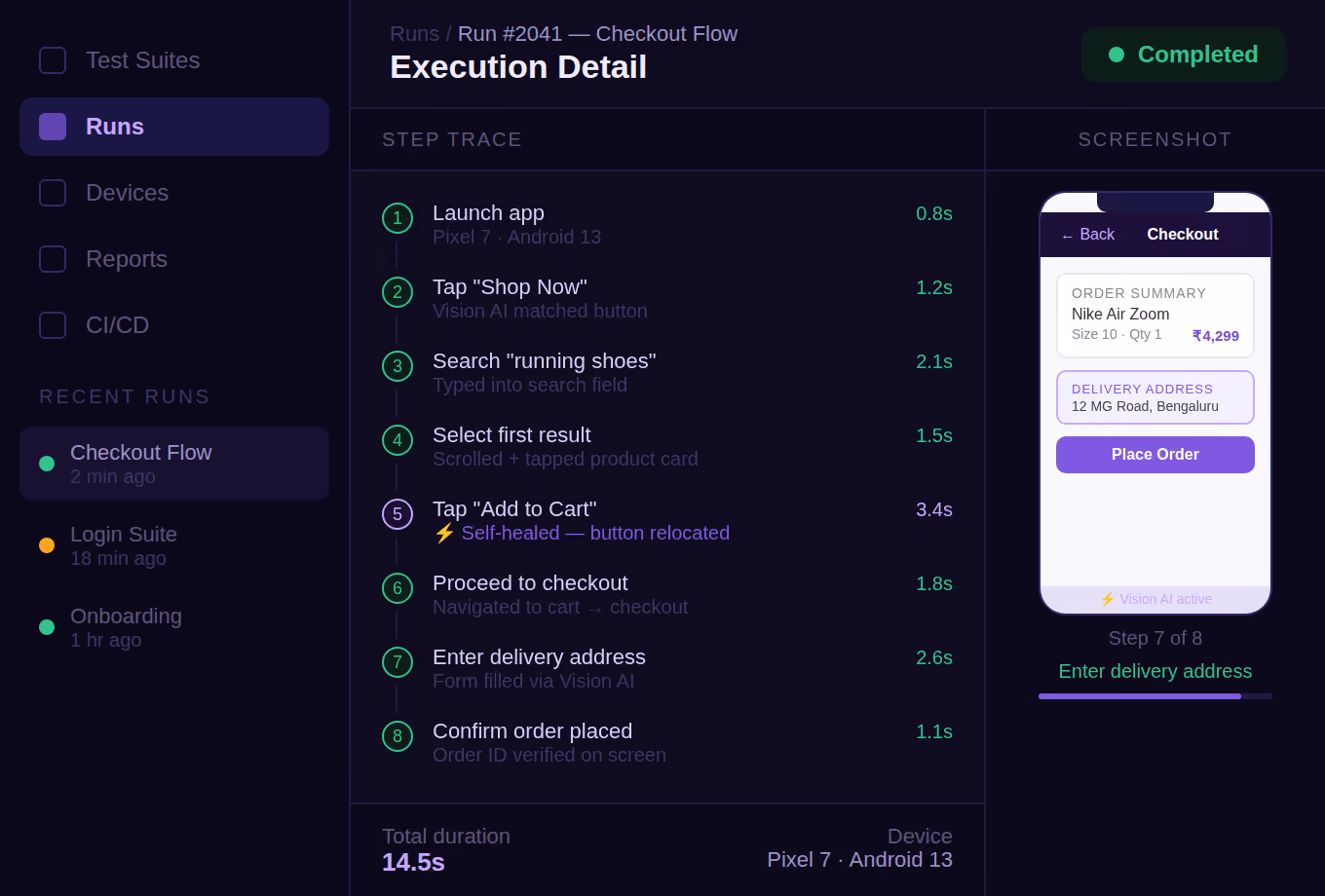 Checkout flow test run details showing step trace with timings and a mobile order summary screenshot.