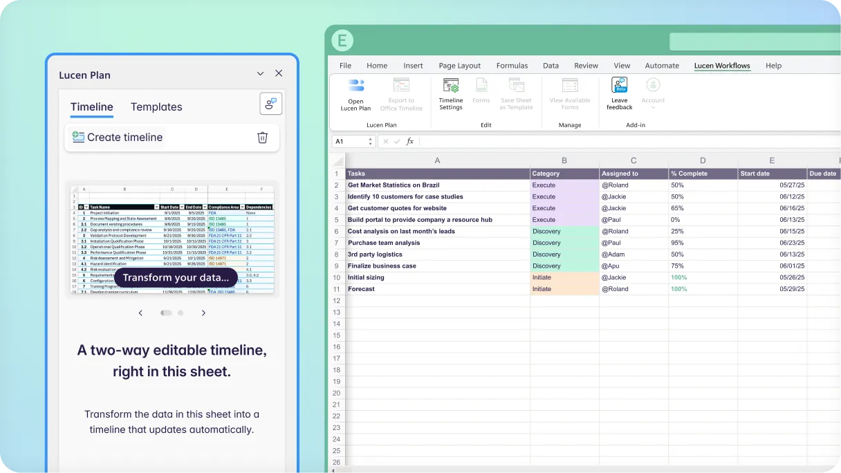Microsoft-integrated workflows in Excel with Lucen Plan timeline view