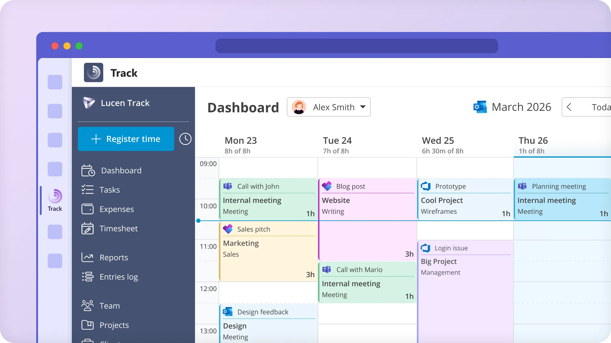 Lucen Track dashboard showing a weekly calendar view with color-coded time entries for meetings, projects, and tasks across multiple days
