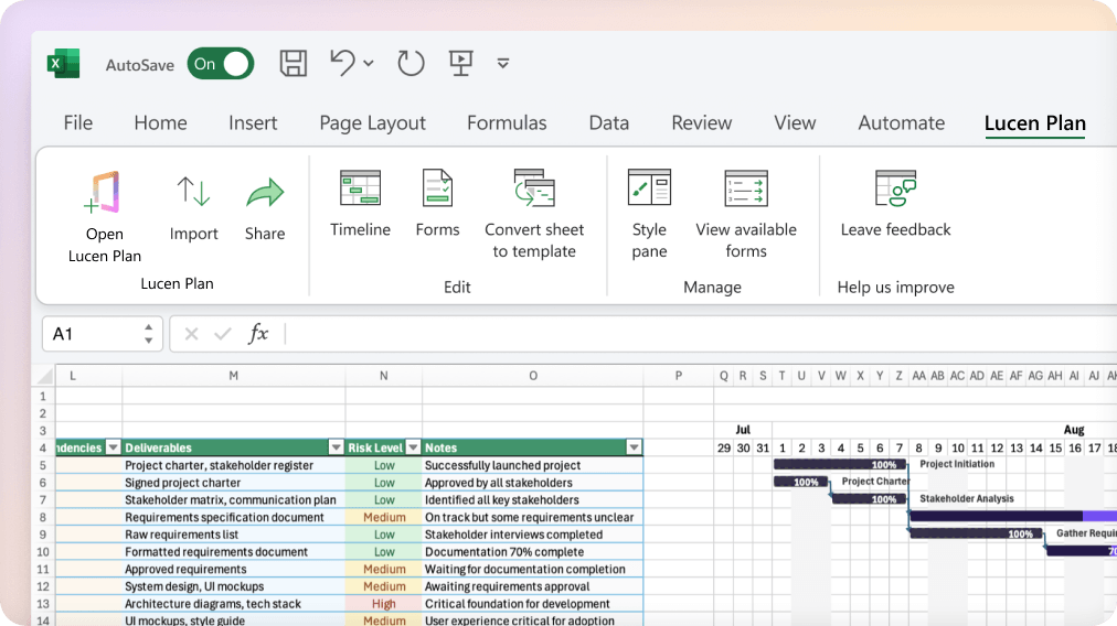 View your full project plan in Excel with tasks, dependencies, and timelines in one place