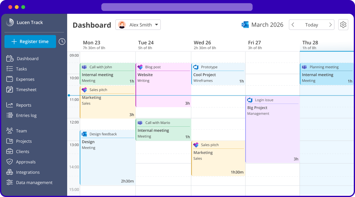 Lucen Track app interface showing a weekly calendar view with color-coded time entries for meetings, projects, and tasks