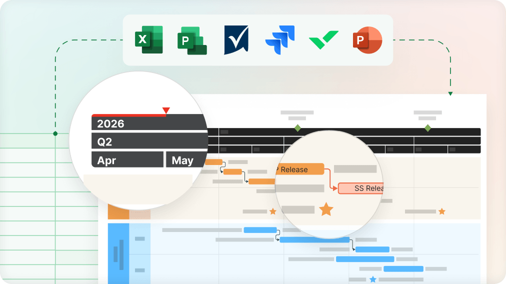 Illustration showing project data importing and syncing into a timeline visual with refresh indicators