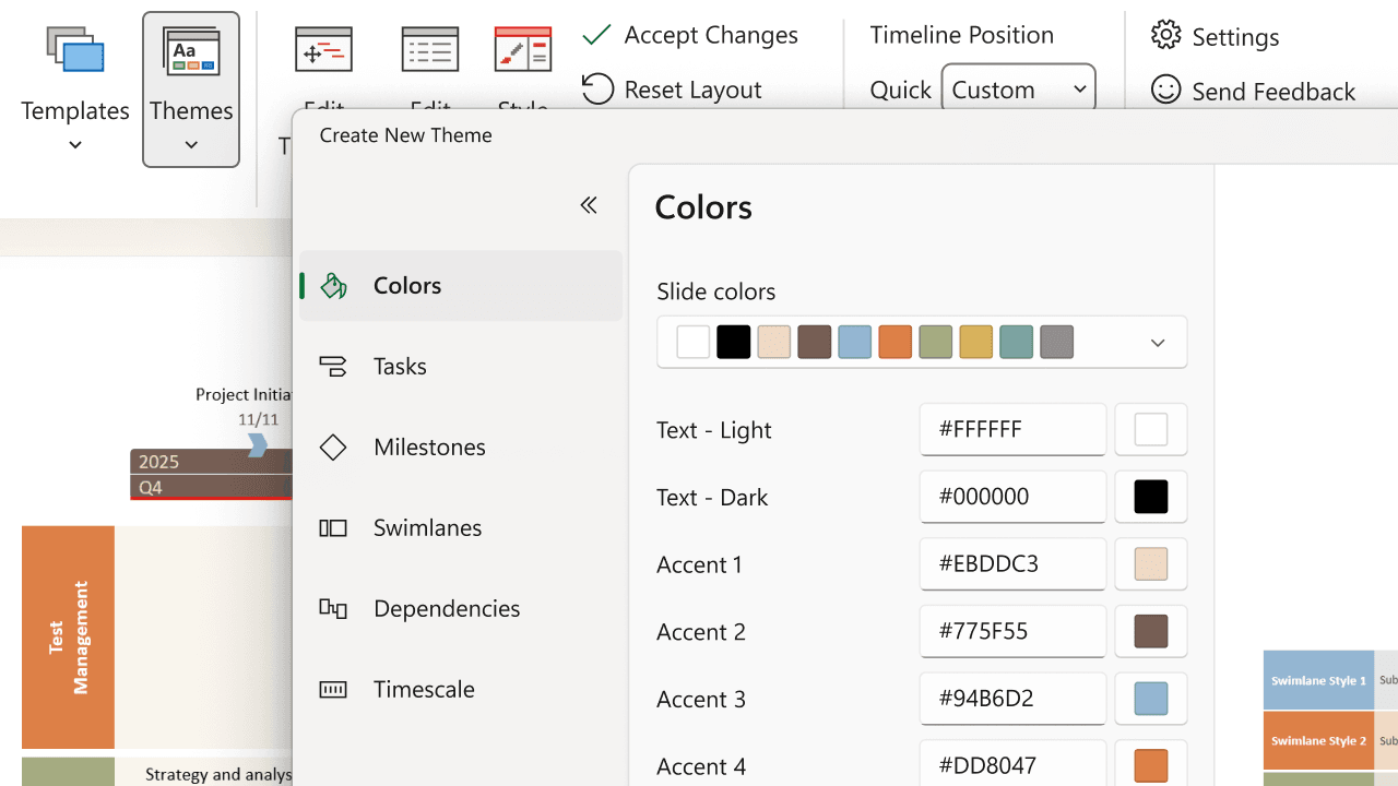 Software interface showing theme customization options for colors, tasks, milestones, swimlanes, and dependencies.