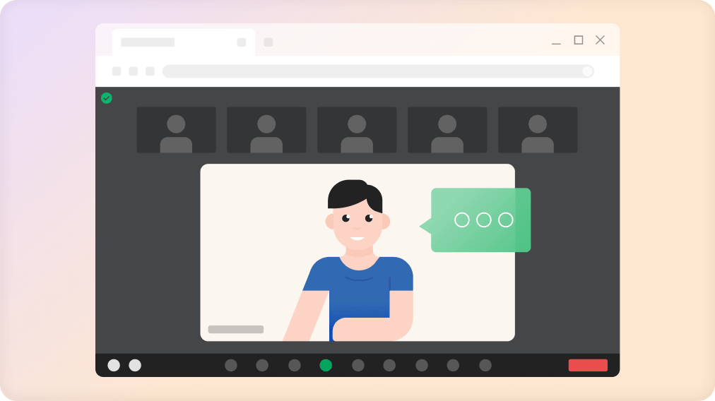 Illustration of a video conference screen with a person speaking and five participant icons at the top.