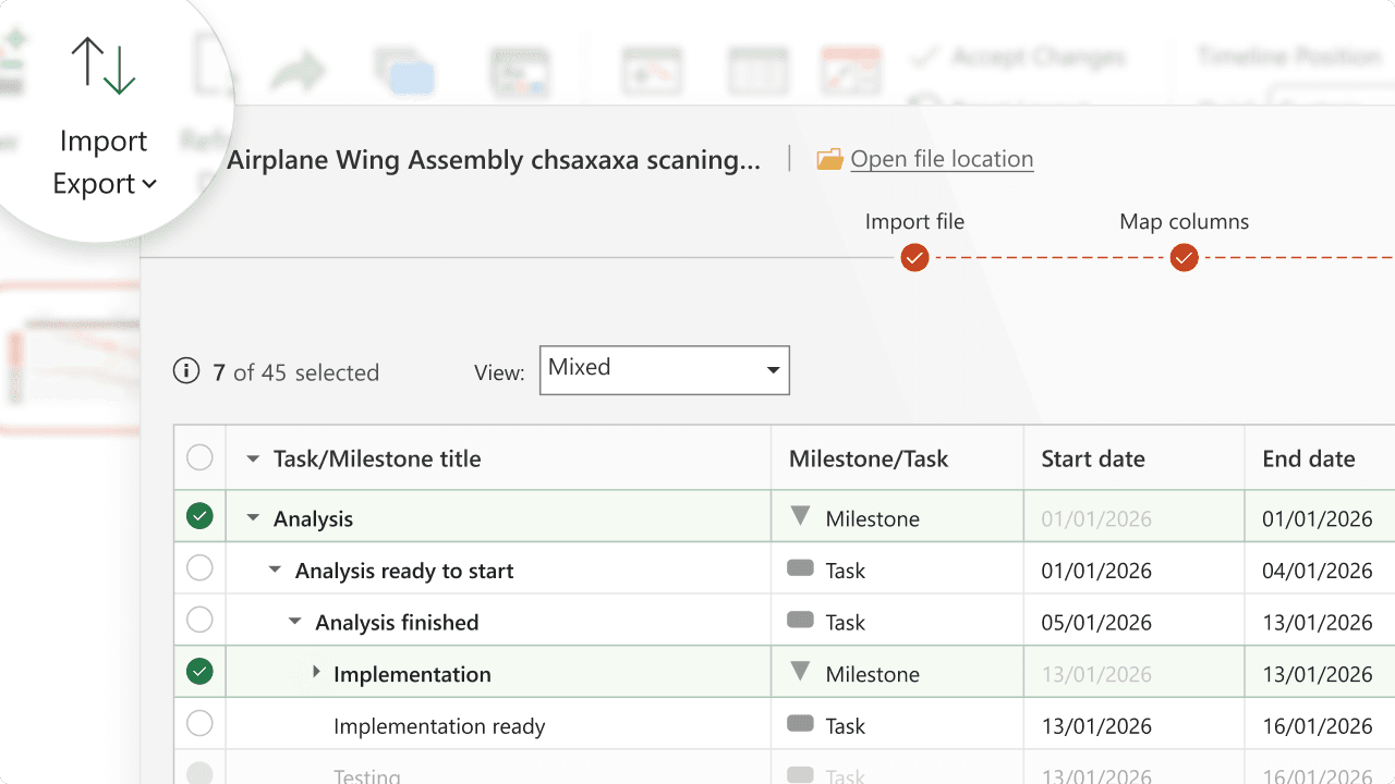 Project management interface showing task list with milestones, start and end dates, and import/export options.