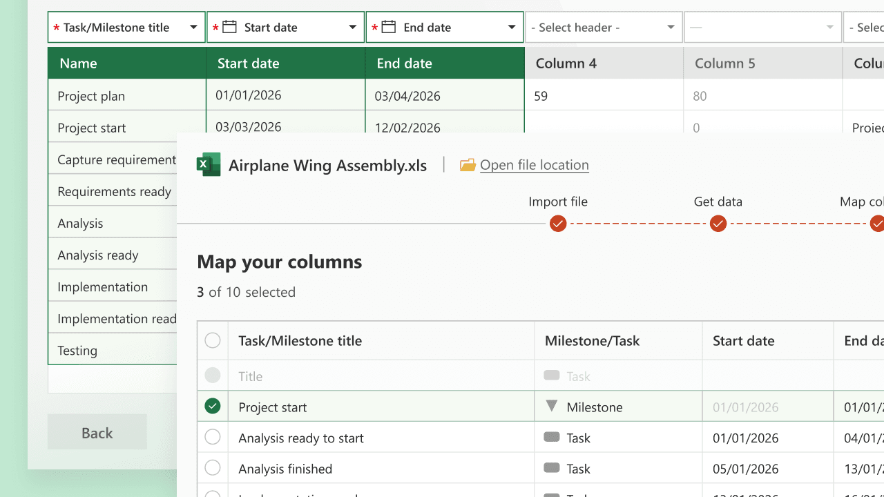 Excel sheet for project tasks showing names, start and end dates, and mapping columns for import.
