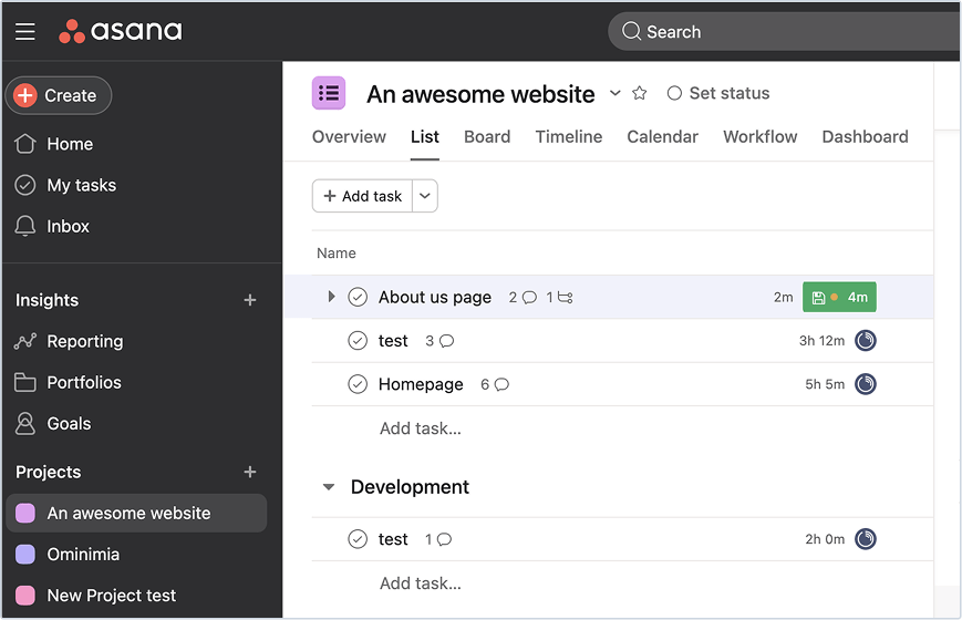 An Asana dashboard with a task list and the Track button next to the tasks, with hours and minutes in each task