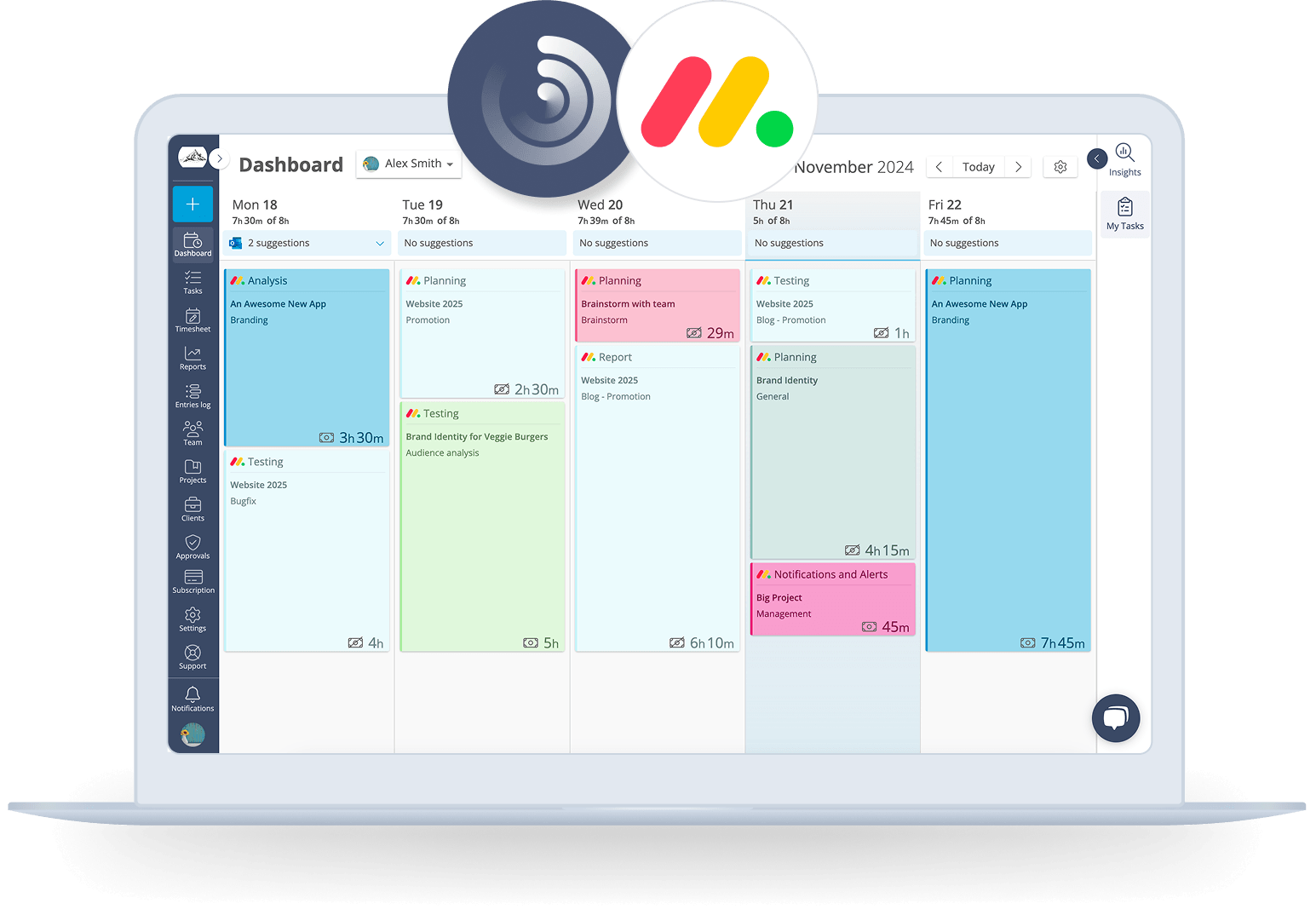 A laptop with on screen a Track calendar dashboard with colorful time cards featuring Monday tasks and the Monday logo