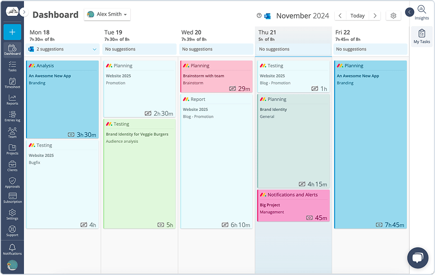 A Track calendar dashboard with colorful time cards featuring Monday tasks and the Monday logo