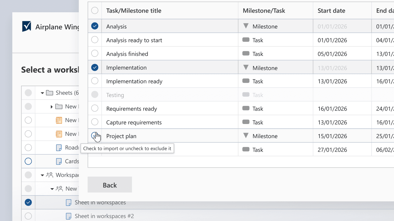 Project task list with milestones and tasks, showing titles, types, start and end dates with selection checkboxes.