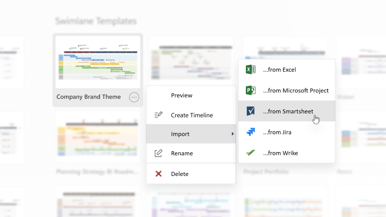 Menu showing options to import data from Excel, Microsoft Project, Smartsheet, Jira, or Wrike for timeline templates.