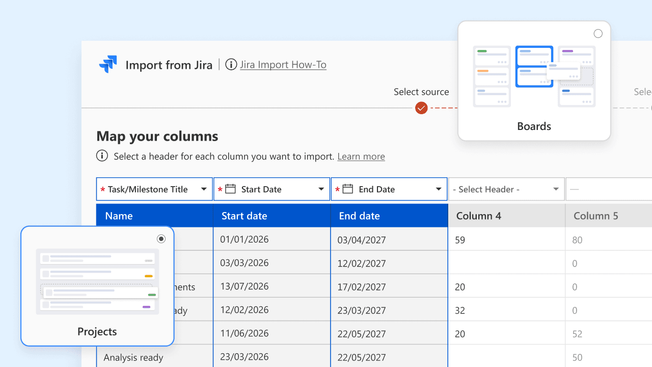 Screen showing importing data from Jira with columns for task title, start and end dates, and additional data fields.