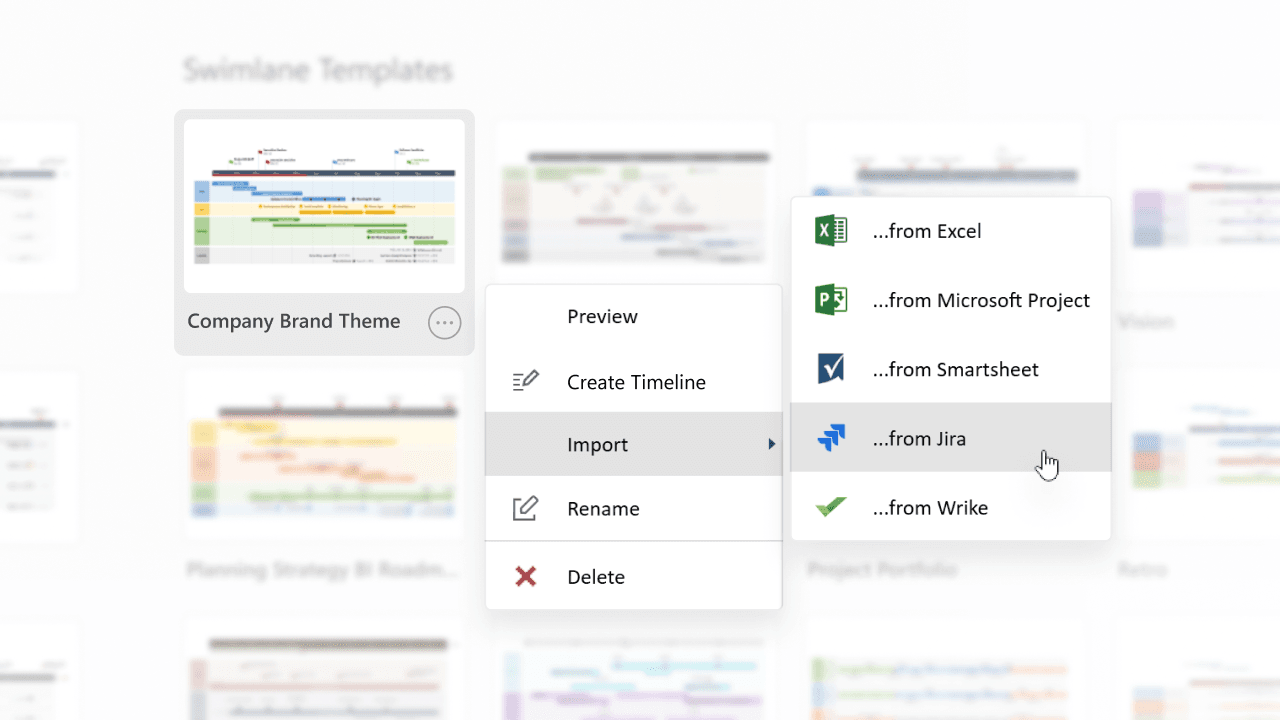 Menu showing import options from Excel, Microsoft Project, Smartsheet, Jira, and Wrike for a company brand template.