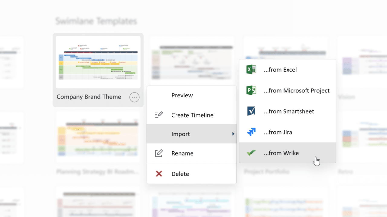 Context menu showing options to preview, create timeline, import from Excel, Microsoft Project, Smartsheet, Jira, or Wrike.