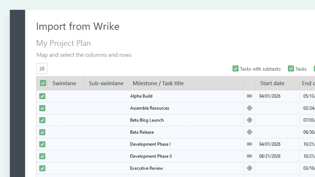 Project plan table showing tasks, milestones, start dates, end dates, and checkboxes for selection.