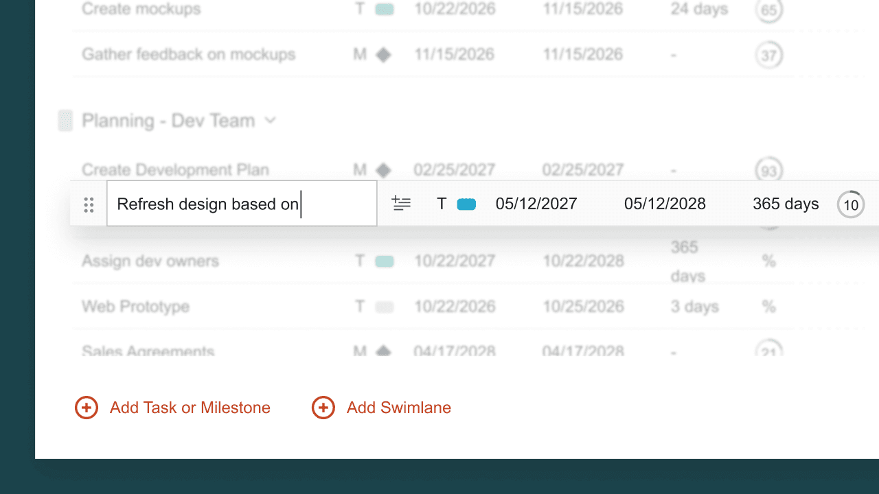 Task editing box showing 'Refresh design based on' with dates and duration of 365 days in a project plan.