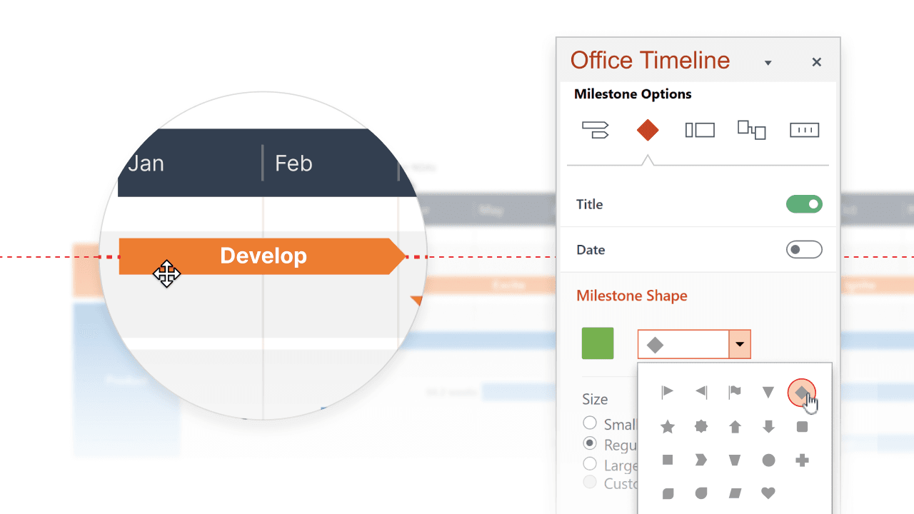 Lucen Timeline software interface showing milestone shape options and a timeline bar labeled Develop.