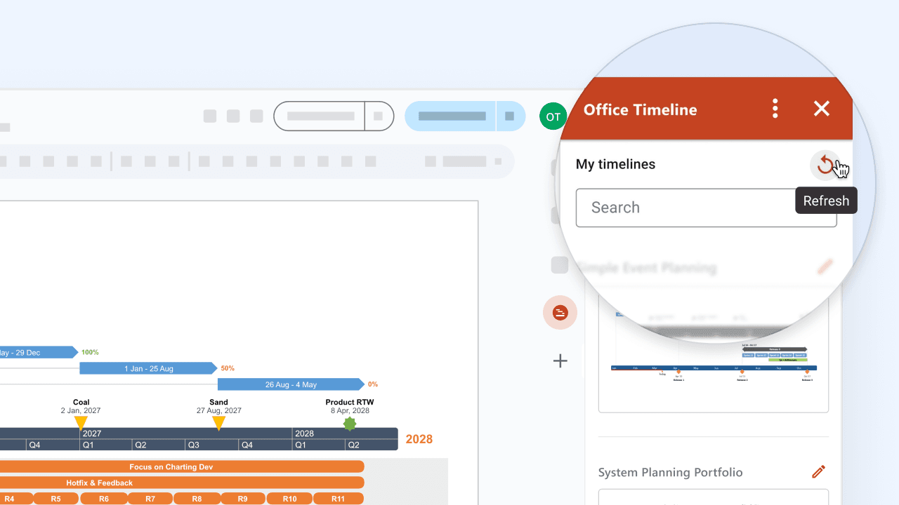 Close-up of Lucen Timeline panel in Google Docs showing a refresh button and search field.