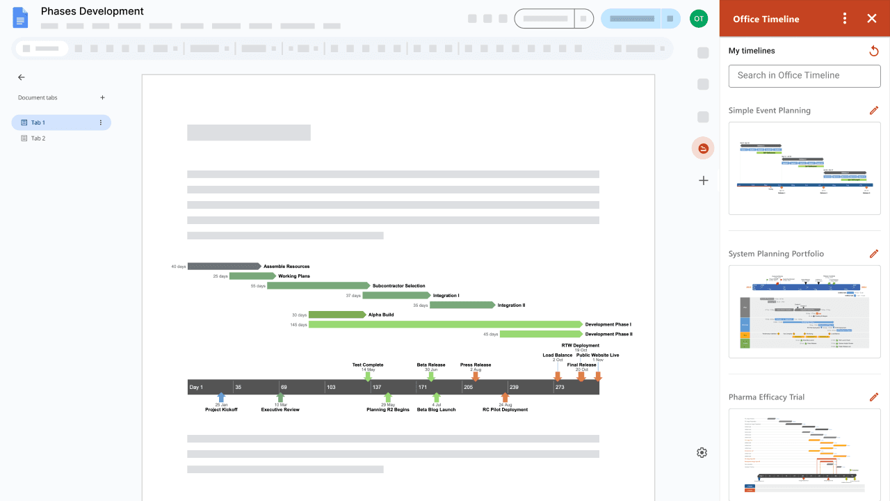 Google Docs page showing a project timeline with tasks, milestones, and Lucen Timeline Online sidebar on the right.