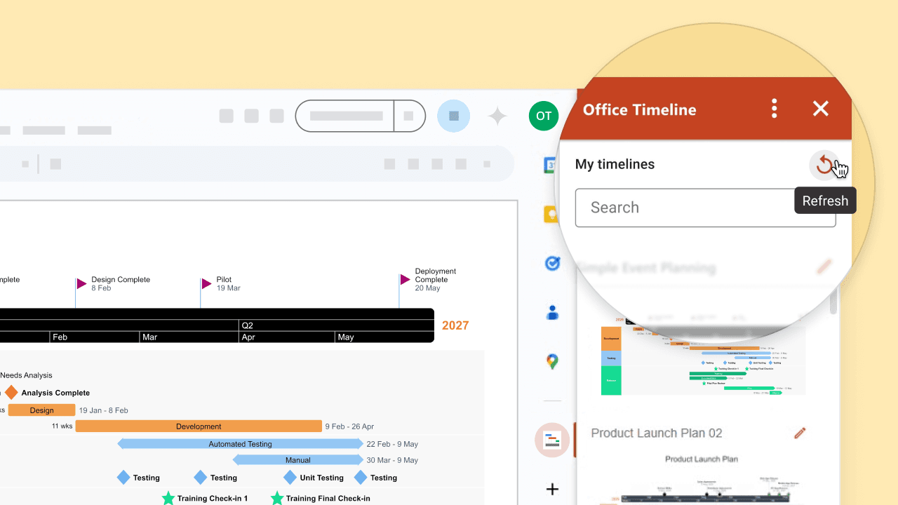 Screenshot of Lucen Timeline app in Google Slides with a refresh button highlighted by a cursor.