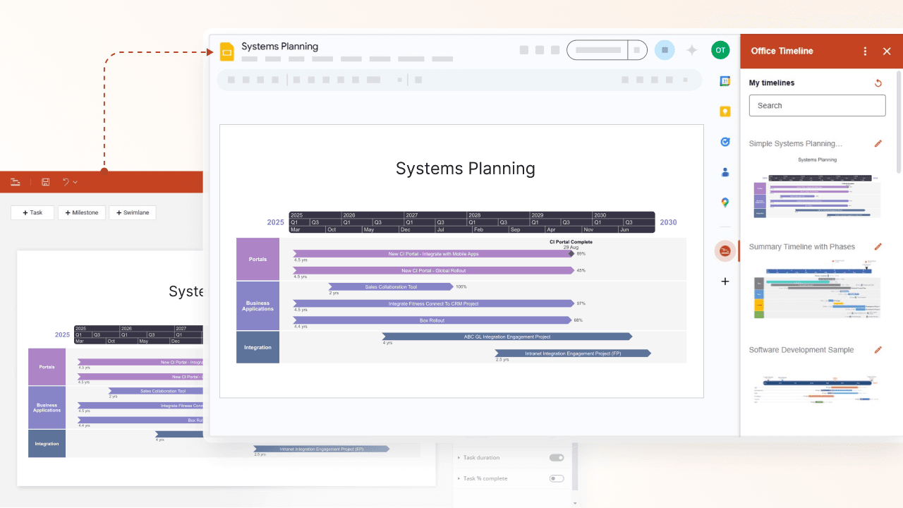 Screenshot of a Systems Planning timeline with phases, tasks, and milestones shown in a project interface.