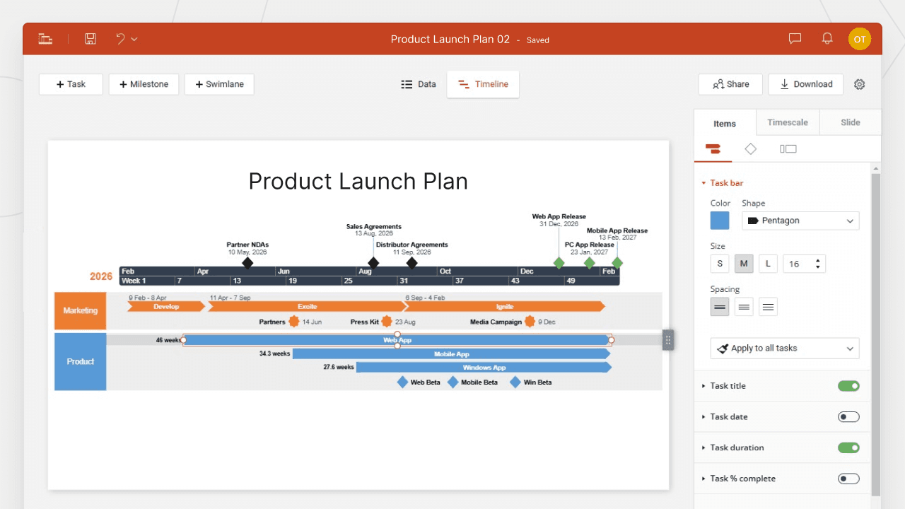 Product Launch Plan timeline with Marketing and Product tasks, milestones, and releases from Feb 2026 to Feb 2027.
