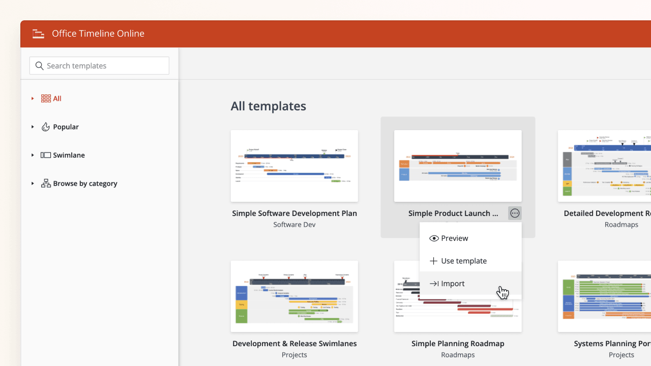 Lucen Timeline Online interface showing template selection including software plans and roadmaps with import option.