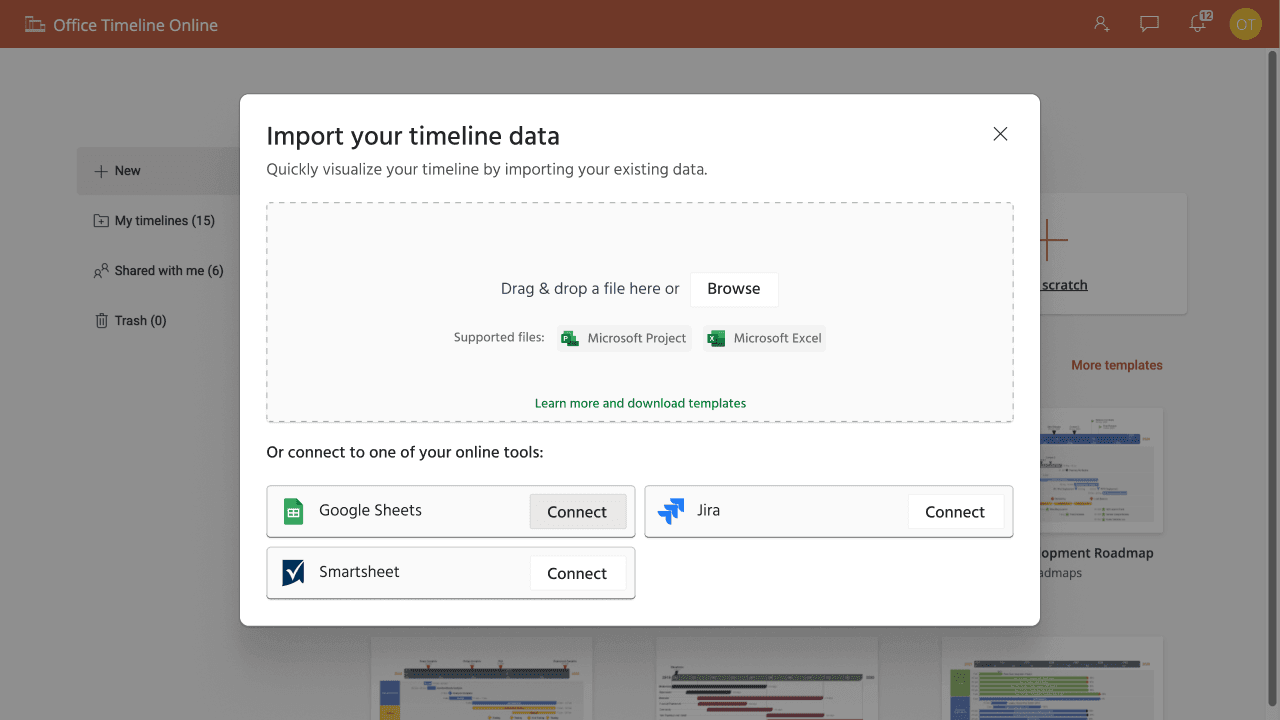 Dialog box to import timeline data by uploading files or connecting Google Sheets, Jira, or Smartsheet.